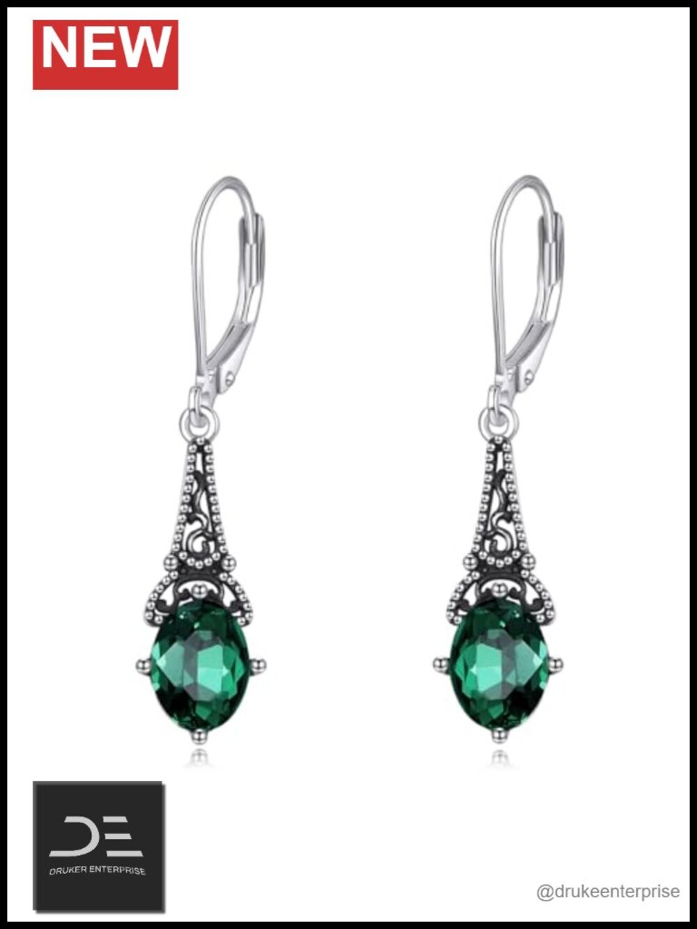 Vintage Sterling Silver Celtic Dangle Earrings Emerald Crystal Leverback